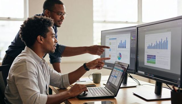 Mentor guiding colleague analyzing business dashboards on dual monitors in bright office
