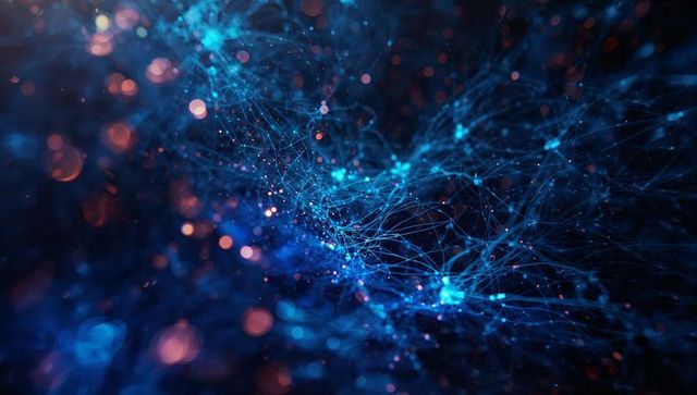 Futuristic neural network with glowing blue filaments and nodes