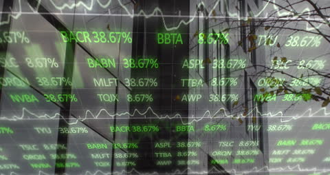 Animated Stock Market Data Reflecting on Urban Skyscraper
