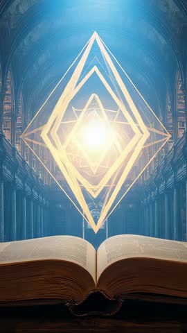 Glowing Diamond Rising from Open Book, Pulsing Light in Grand Library - Vertical Video