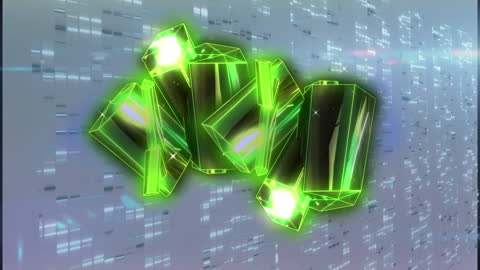 Glowing Green Metallic Blocks in Digital Matrix