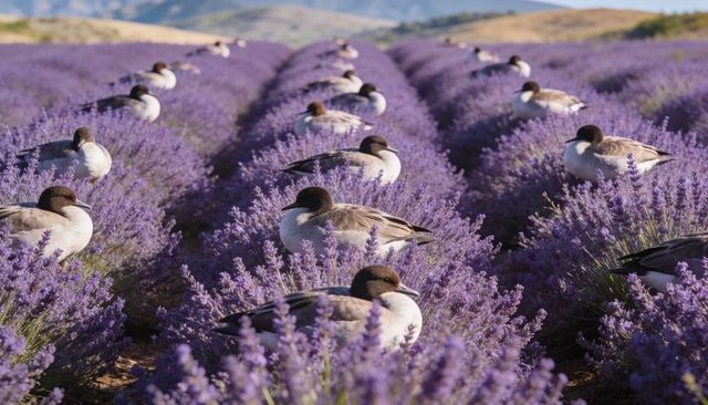 Resting ducks nesting in lavender rows on rural farm at golden hour, purple field pastoral