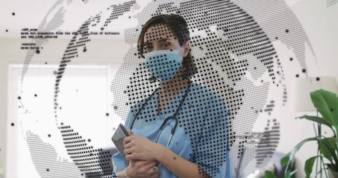 Nurse wearing mask holding smartphone with global data overlay for telehealth and virtual care