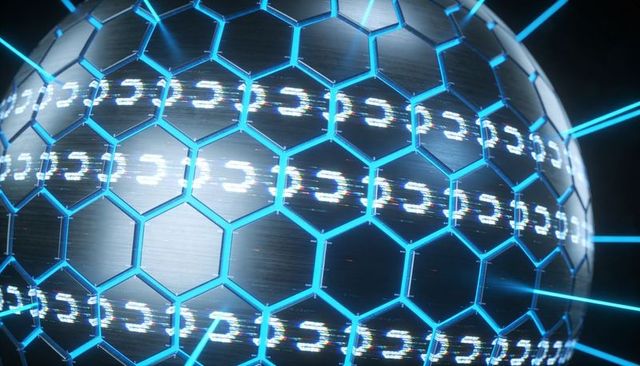 Neon hexagonal sphere with glitch bands and blue energy beams, futuristic honeycomb orb