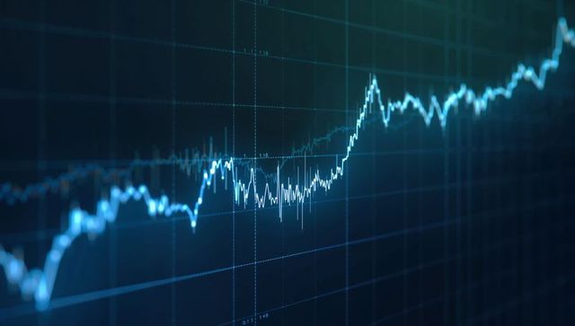 Glowing line graph showing rising financial trend and volatility spikes on dark blue grid