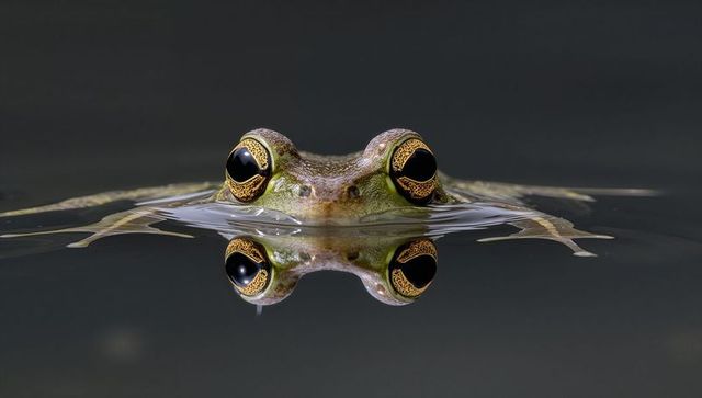 Floating frog head reflecting on glassy pond with golden ornate irises and mirror ripples