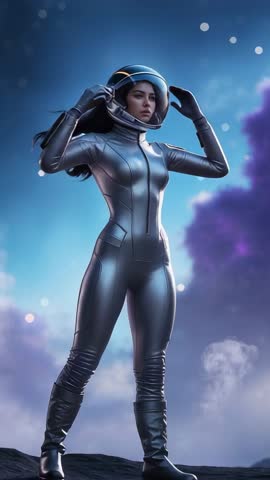 Female astronaut adjusting helmet seal on rocky outcrop under glowing nebula - vertical video