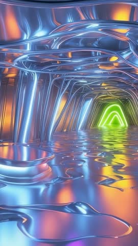 Gliding through neon tunnel with liquid floor rippling toward glowing portal