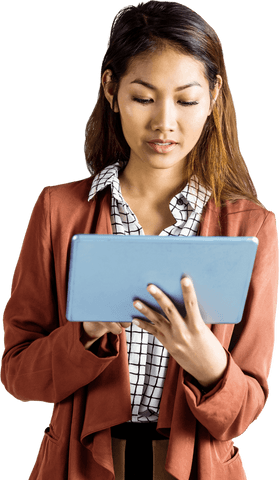 Asian Businesswoman Engaged with Transparent Tablet Device