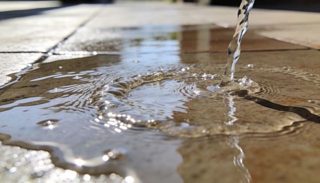 Sunlit water stream creating ripples and reflections on tan tiled patio surface