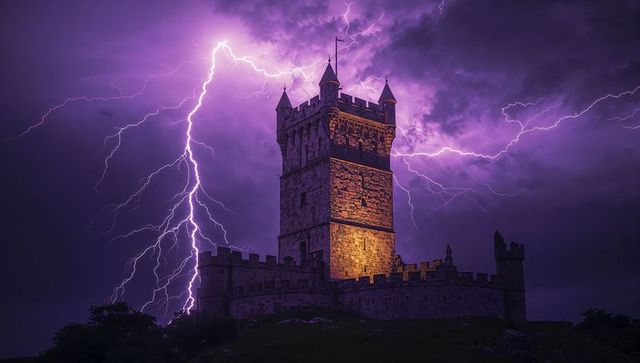 Medieval tower standing and glowing under purple lightning storm with dramatic bolts