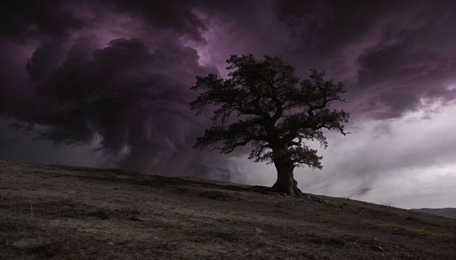 Standing gnarled lone tree silhouetted against swirling purple vortex clouds