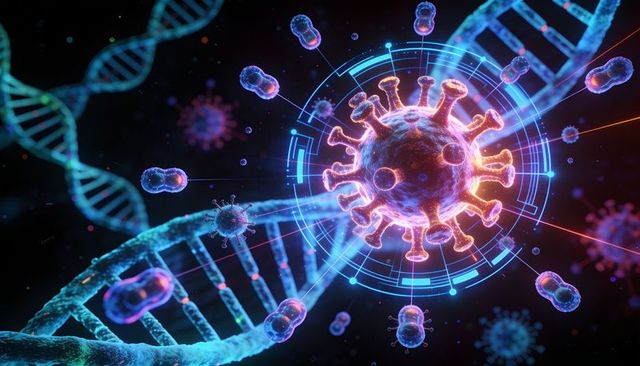 Neon viral particle with dna helix and holographic hud for genomic visualization