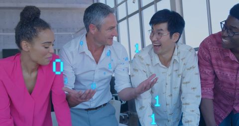Diverse Professionals Analyzing Binary Coding in Modern Office