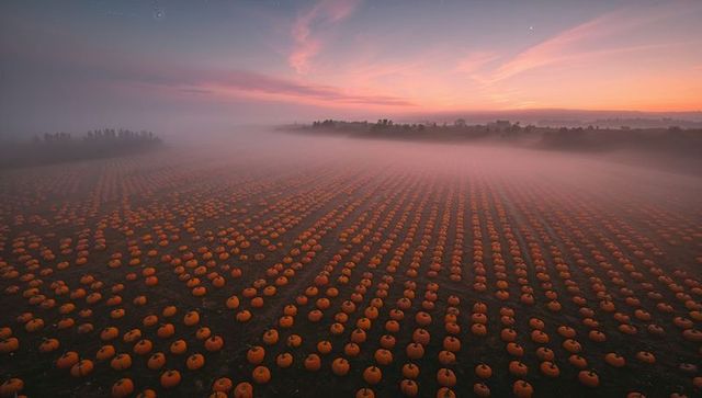 Pumpkin Field at Dawn with Foggy Autumn Skyline