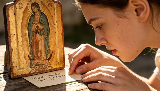 Teen leaning, reading devotional note beside virgin of guadalupe plaque in golden sunlight