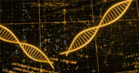 Golden dna helices glowing and rotating across futuristic hud graph with molecular nodes