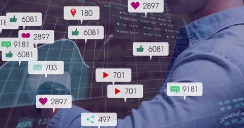 Man Analyzing Digital Data with Graphs and Social Media Icons