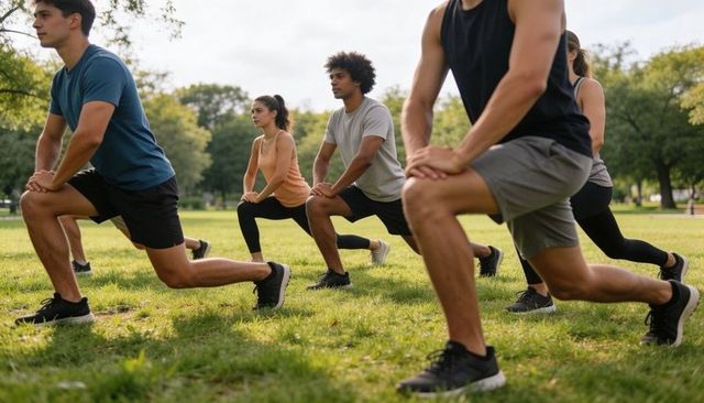 Group training outdoors | young adults performing lunges on park lawn for fitness