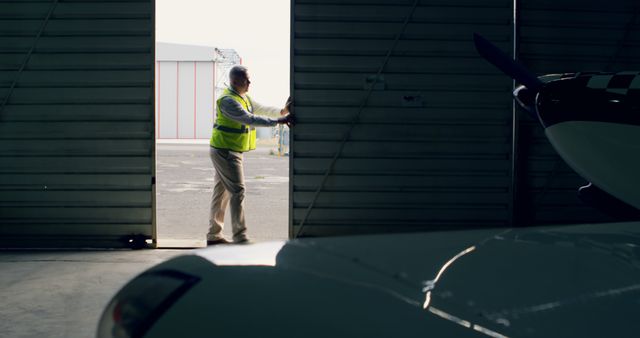 Engineer opening hangar gate at aerospace hangar 4k