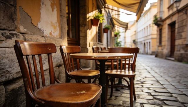 Sunlit european cafe terrace featuring weathered wooden chairs and round round table