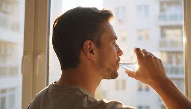 Man Drinking Water by Window in Urban Apartment During Golden Hour, Calm Morning Routine