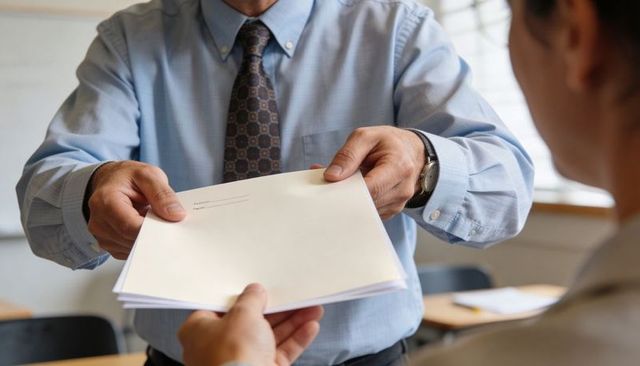 Handing stack of envelopes across desk in professional classroom office paper exchange