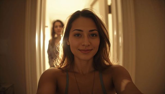 Young woman taking warm backlit selfie in narrow hallway with soft smile