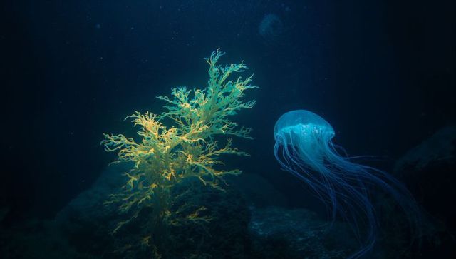 Bioluminescent jellyfish and seaweed in deep sea exploration