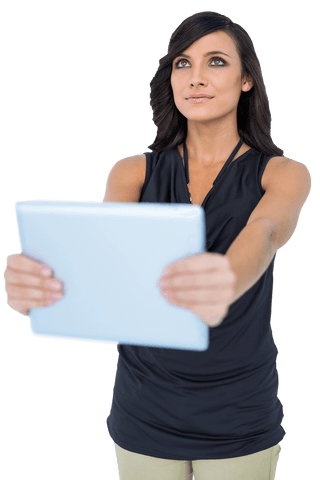 Transparent businesswoman holding tablet looking up
