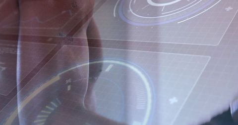 Shirtless male torso interacting with futuristic holographic hud and biometric data overlay
