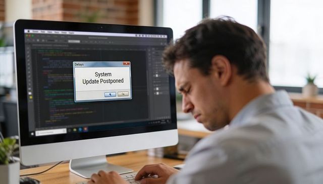 Developer leaning over keyboard postponing system update while coding on office monitor