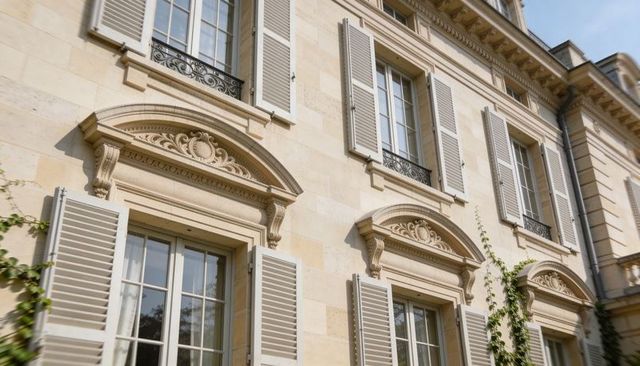 Elegant parisian limestone facade with arched pediments, louvered shutters, ivy