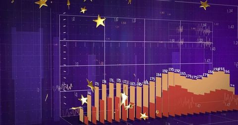 3D Stacked Bar Chart Rising on Violet Grid with Gold Stars for Finance Growth Visualization