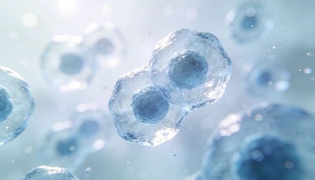 Dividing cells undergoing mitosis with visible nuclei and translucent membranes, 3d render