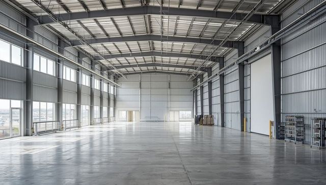 Spacious Industrial Warehouse Interior with Exposed Steel Beams