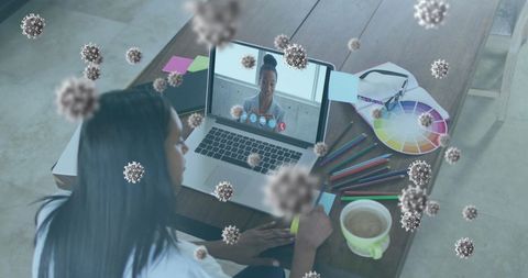 Virtual meeting during pandemic with covid-19 virus overlay