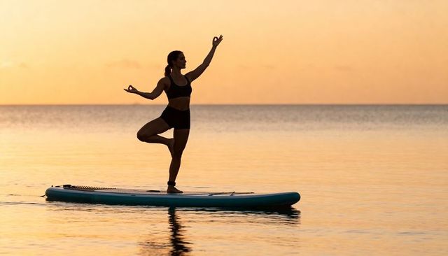 Sunset paddleboard yoga: woman balancing tree pose on stand-up paddleboard silhouette