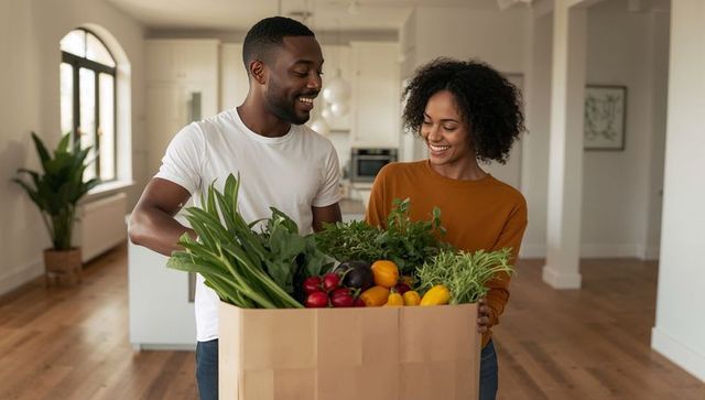 Couple carrying box of fresh produce in sunlit modern kitchen smiling, healthy lifestyle