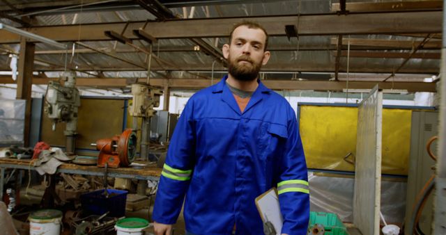 Bearded Factory Worker in Blue Overalls in Workshop - Download Free Stock Images Pikwizard.com