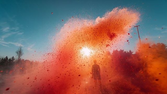 Vibrant celebration with swirling orange powder