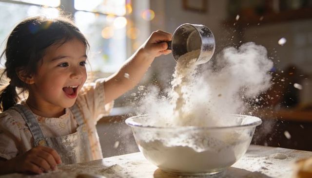Sunlit asian toddler pouring flour while baking in home kitchen joyful messy moment