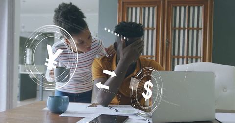 Worried Couple Analyzing Finances with Digital Effects