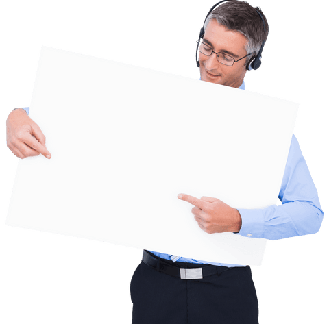 transparent businessman with headset holding blank panel - Download Free Stock Videos Pikwizard.com