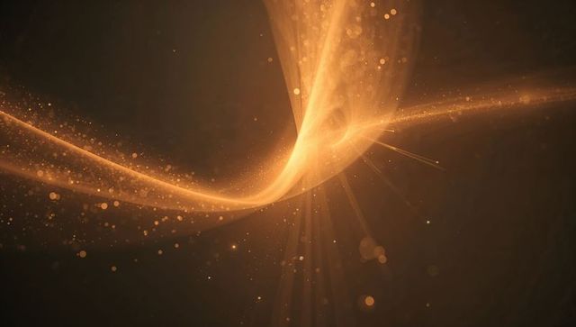 Golden energy ribbon flowing through dark space radiating luminous knot and spark particles
