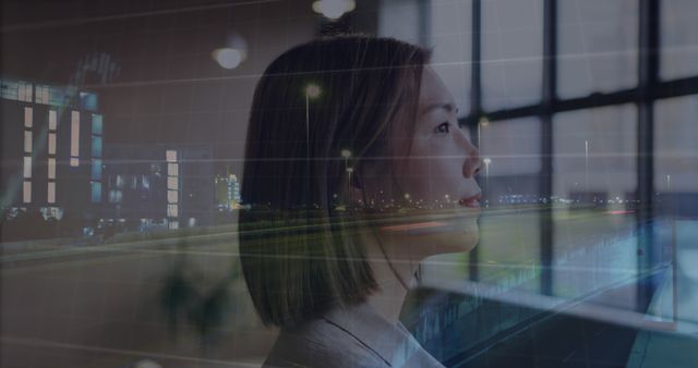 Thoughtful Woman Overlooking Cityscape at Night - Download Free Stock Images Pikwizard.com