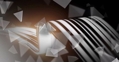 Glossy curved ribbon with floating triangular shards and orange rim light, futuristic