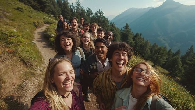 Group of Happy Friends Hiking Trail with Mountain Views