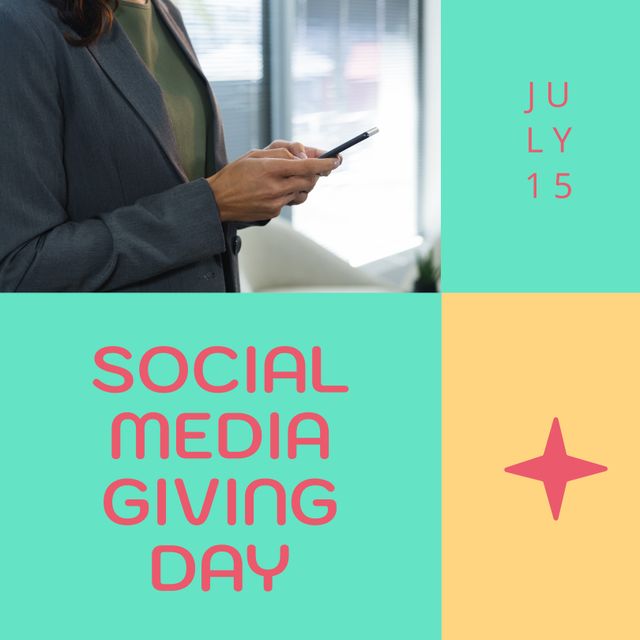 This image shows a woman using her smartphone, accompanied by a colorful announcement for Social Media Giving Day on July 15. Ideal for promotions, advertisements, and campaigns focused on digital giving, social awareness, and engagement initiatives.
