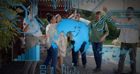 Multigenerational friends toasting by pool with holographic global network overlay